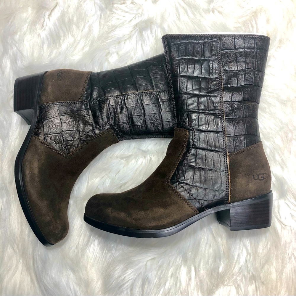 🐊NIB!!! UGG LOU CROCO EMBOSSED LEATHER SUEDE SHEARLING BOOTS WOMENS 7.5 BROWN